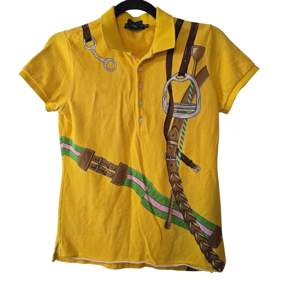 Ralph Lauren Tops - Ralph Lauren The Skinny Polo Yellow Equestrian Stirrup Print Shirt Womens M